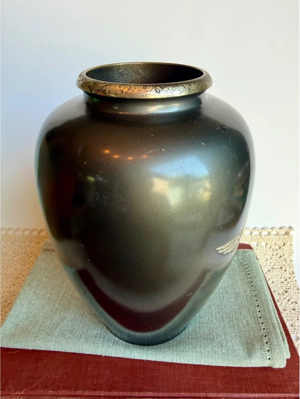Vintage Japanese Metal Vase Cranes Herons Etched Waves Made in Japan 8.5
